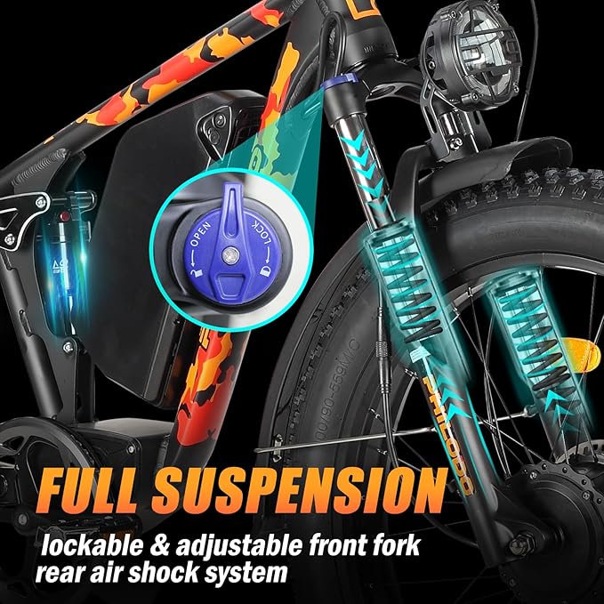 5000w Dual Motor Electric Bicycles, 60V Battery E-Bike with 45 MiIe P-Hour Electric Bike for Adults, 26 Fat Tire Hunting Ebike for All Terrain, Full Suspension Electric Ebike