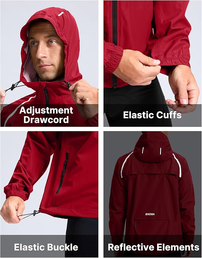 Bikewa Men's Cycling Rain Jackets Waterproof Running Bike Windbreaker Lightweight Packable Hooded Jacket