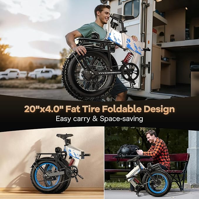 1500W Folding Electric Bike for Adults,52V 20Ah Removable Battery Ebike with 30+MPH 70 Miles Max,20" x4.0 Fat Tire E-Bike, Foldable Dual Suspension Electric Bicycle for Commute,Mountain