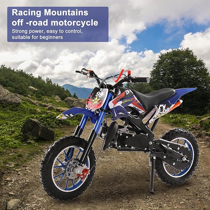 49cc Kids Dirt Bike,2-Stroke Children Moto Gas Powered Motorcycle Off Road Mini Bike Beach Vehicle with Front Rear Disc Brakes Pull Start for Boys & Girls Ages 8-14 Gifts Blue