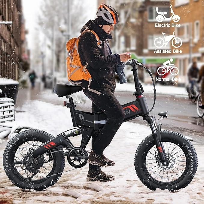 Wooken Electric Bike, 20''X4.0 Fat Tire Electric Bike for Adults,500W(Peak 750W) Foldable Electric Bike with 48V 10Ah Battery,Professional 7 Speed,Shock Absorber, 20MPH Ebike for Mountain Beach Snow