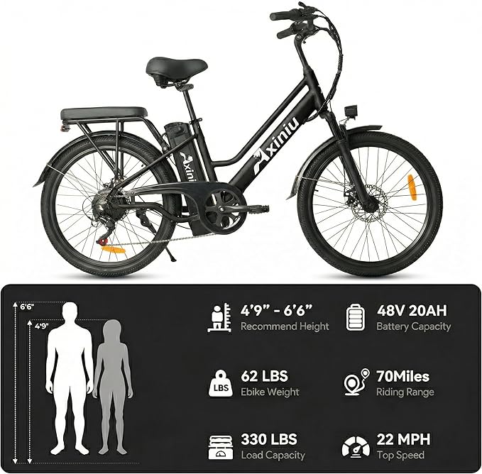 24 Inch Electric Bike for Adults, Step Through Ebike for Women, Peak 1000W Motor 22MPH, 48V 20AH Removable Battery Up to 70 Miles, 7 Speed Dual Shock Absorber, City Cruiser Commuter Bicycle