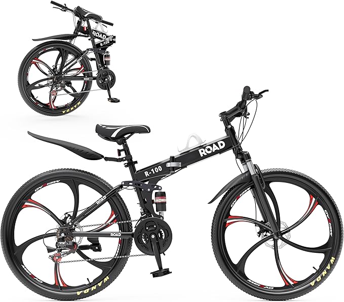 Outroad 26 Inch Folding Mountain Bike, 21 Speed Full Suspension High-Carbon Steel MTB Foldable Bicycle, Dual Disc Brake Non-Slip Folding Bikes for Adults/Men/Women, Black, Orange and Green