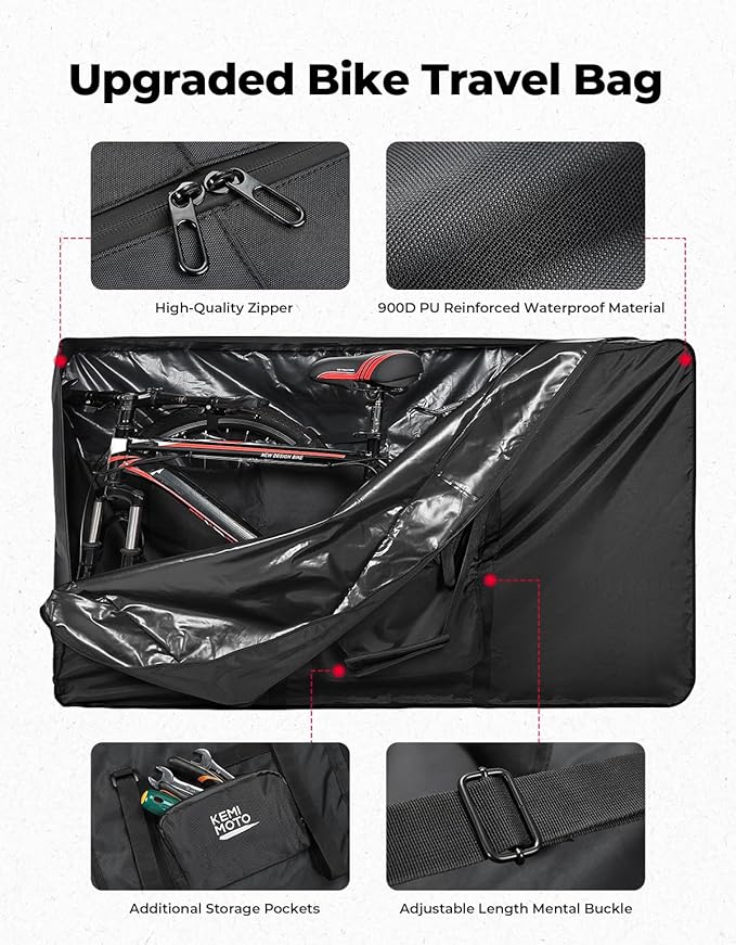 KEMIMOTO Bike Travel Bag, Heavy-Duty 900D Water-Resistant with Fixed Buckles & Interior Compartments, Airplane Bicycle Storage Box Cases Fits 26-29 Inch Mountain, Road E-Bikes (55.9" x 12.6" x 33")