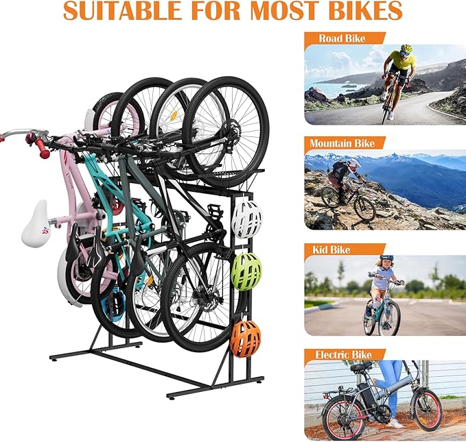 OYEAL Vertical Bike Stand, Free Standing Bike Rack Garage with 6 Hooks, Indoor/Outdoor Floor Bike Storage for 3 Adult Mountain/Road &1 Kids Bikes, Max Tire Width 2.6”, Black