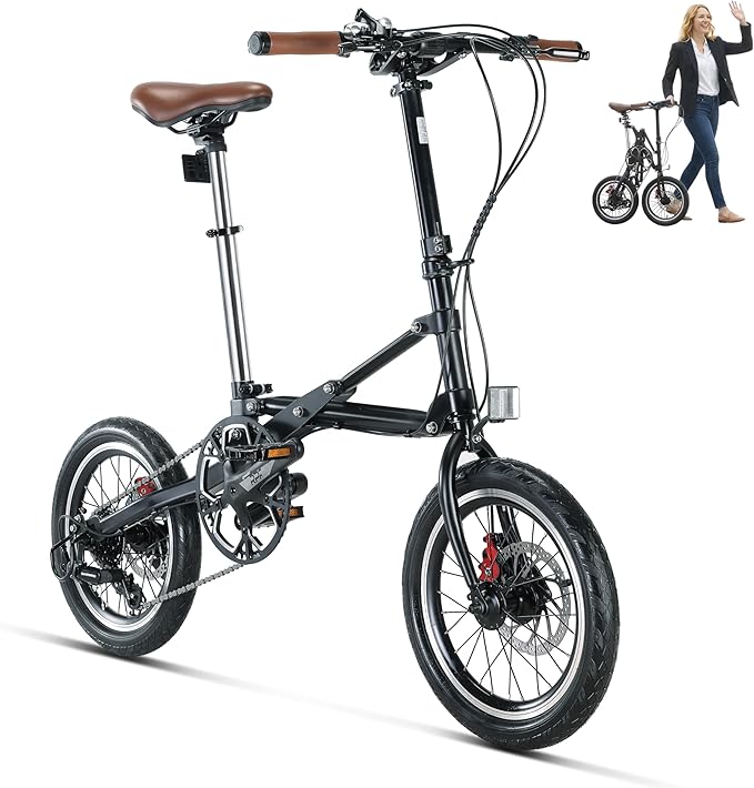 16 Inch Folding Bike for Adults, 1-Second Quick Fold Technology, Lightweight 33lbs Commuter Bicycle, 95% Pre-Assembled, 7-Speed Gears, Space Saving Foldable Bike for City Travel