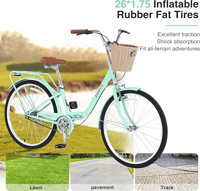24/26 Inch Folding Girls/Womens Cruiser Bike，1-Speed Foldable Hybrid City Bicycle with Dual Brakes,Basket & Rear Rack，Adjustable Seat Post&Handlebar，3 Colors