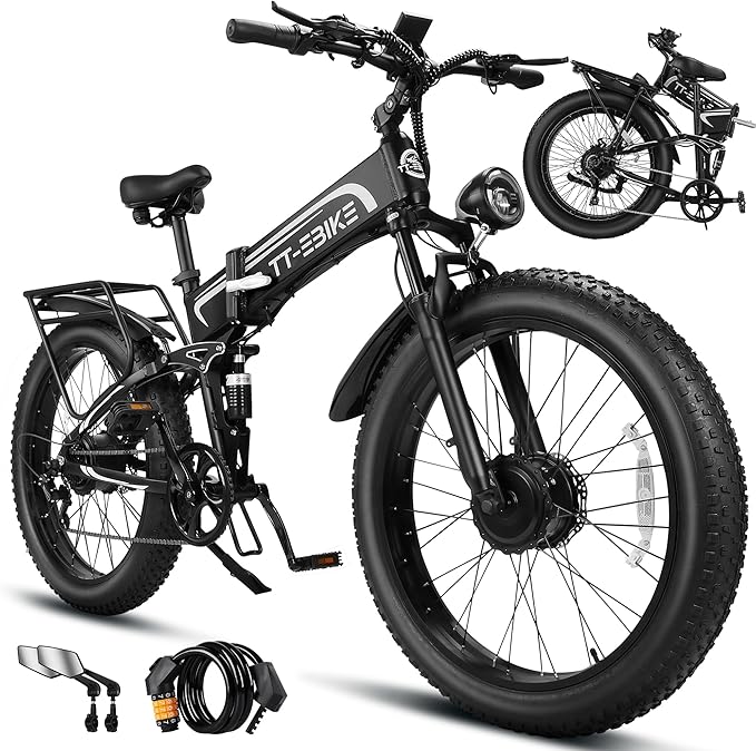 5000W Dual Motor Electric Bike for Adults, 42MPH 60V 30A Battery, 26"x4" Fat Tire Folding All Terrain Ebike, Full Suspension Electric Bicycle with Shimano 7-Speed Gear-4