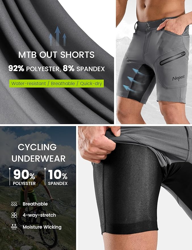 Nepest Mens Mountain Bike Shorts 3D Padded MTB Bicycle Riding Cycling Short Padding Liner Baggy Quick Dry,Zip Pockets