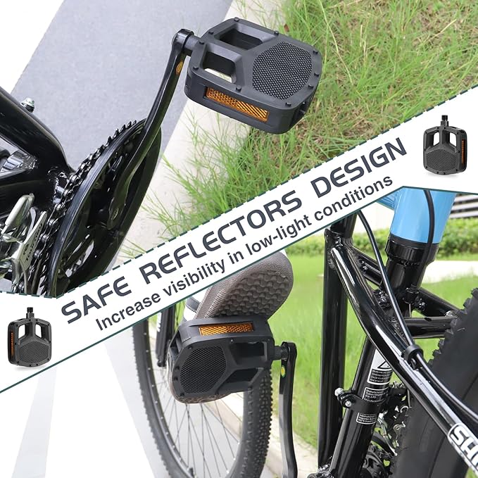 9/16 Inch Bike Pedals, Non-Slip Wide Platform with Reflective Strips, Compatible with Mountain Road BMX E-Bikes