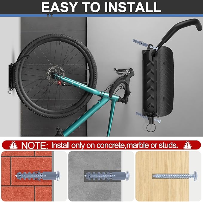Wall Mounted Bike Rack for Indoor Storage - Heavy Duty 150° Swivel, No Drill Space Saving Design, Fits MTB/Road/E-Bikes & Hybrid, Anti-Slip Stopper (1-Pack, Black)