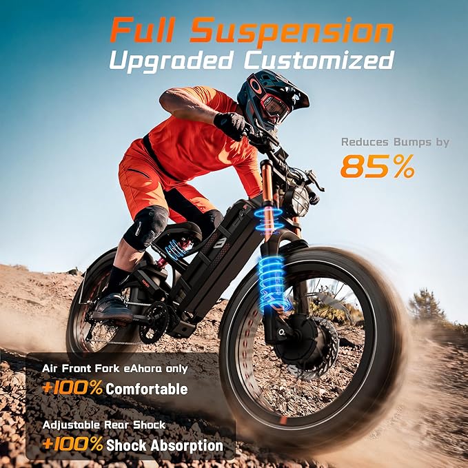 eAhora 2026 Romeo Pro3/2 50/46Mph Ebike 5600/4000W Dual Motor 200+Miles Electric Bike for Adults, 52V/70Ah 60V/80Ah Long Range 26 * 4.0" Fat Tire Full Suspension Electric Mountain Bike