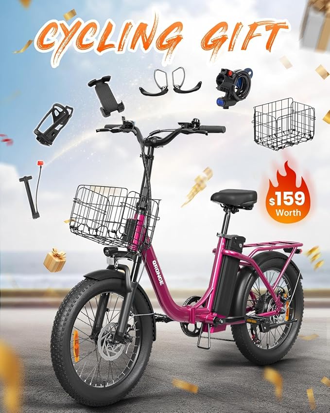 Electric Bike, 1000W Peak Folding Electric Bike, 486Wh 70 Miles Range Ebike, Waterproof Removable Battery, 7 Speed, 25 MPH Max, 20" Step-Thru Bicycle with Front Basket