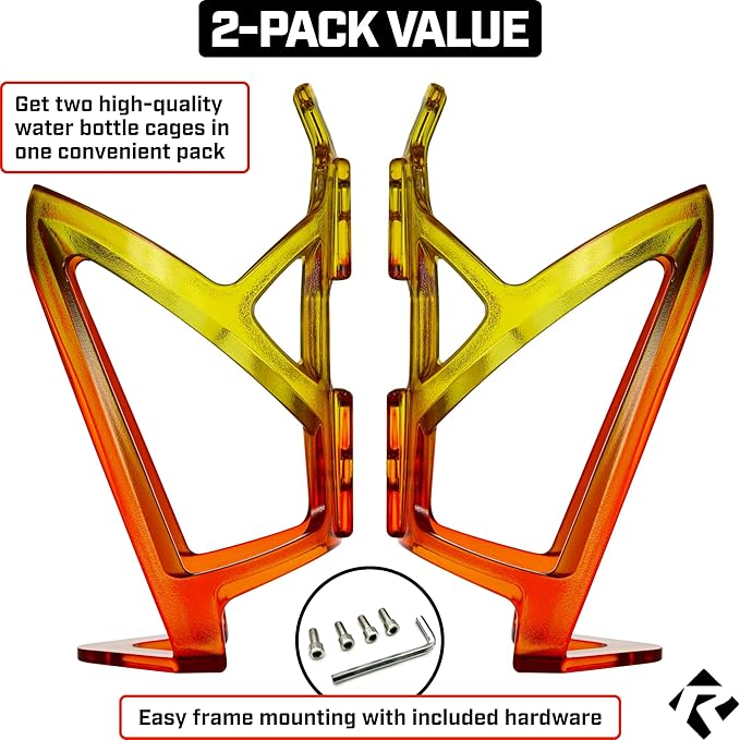 Revere Ultra-Light Bike Water Bottle Holder – Durable Bicycle Bottle Cage for Road, MTB, & Mountain Bikes – 2-Pack with Screws & Installation Tool – Premium Cycling Accessories (Yellow/Orange)