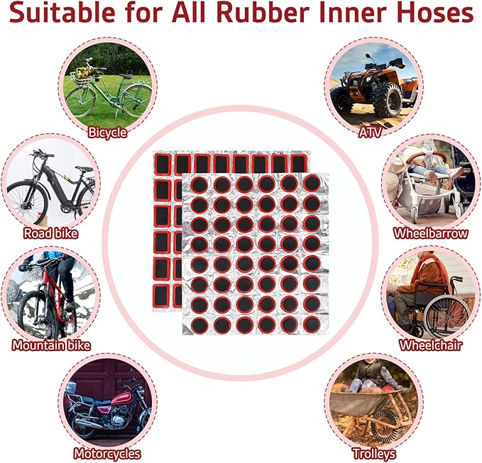 96Pcs Tube Patches Bike Bicycle Tire Patch Outdoor Cycling Bicycle Tire Tool Rubber Puncture Repair Patch Included Round Square for Road Mountain Bikes Motorcycle (Without Glue)
