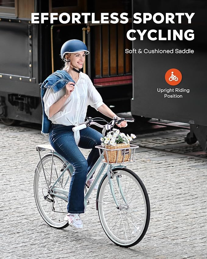 VIRIBUS Womens Hybrid Bike, 7 Speed Road Bike 28 inch for Women, 700C Adult Bicycle with Basket and Rack for Tall Ladies, Step Through City Retro Commuter Bicycle