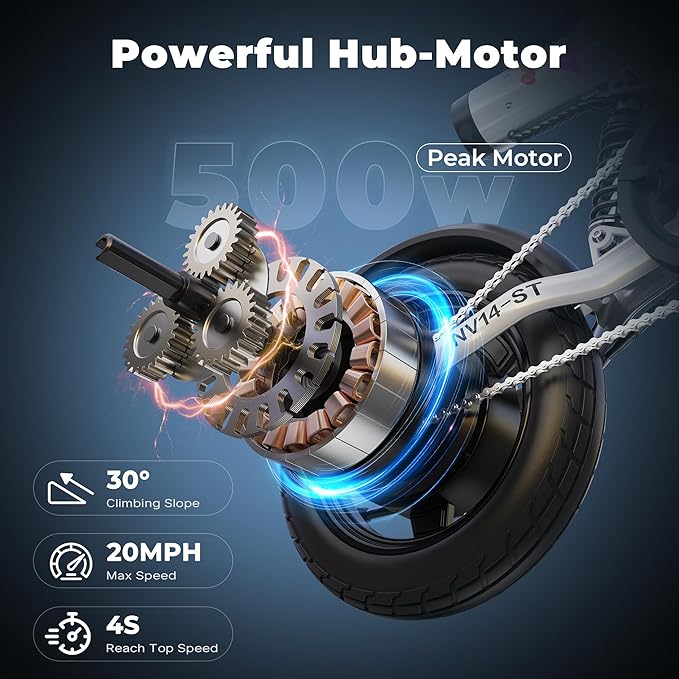 Electric Bike- Peak 500W, 20MPH, Up to 25+Miles, Waterproof Battery, Dual Disc Brakes,Rear Suspension, Stylish 14" Commuter E-Bike for City & Road Sand Mountain