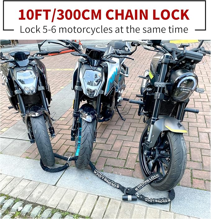 AKM Motorcycle Lock 10ft/300cmx10mm Thick Anti-Theft Heavy Duty Chain Locks with 4 Keys Security 16mm U Lock Disc Lock,Super Long Durable Bike Chain Lock for Motorcycles,Containers,Trailers