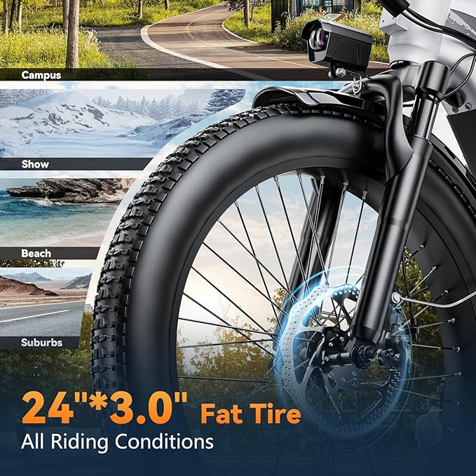 1500W Motor Electric Bike for Adults & Teenager, 48V 20AH Removable Battery Ebike, 24inch Fat Tire Electric Bicycle with 30+MPH, Step-Thru E Bike for Commuting & Mountain, Front Suspension