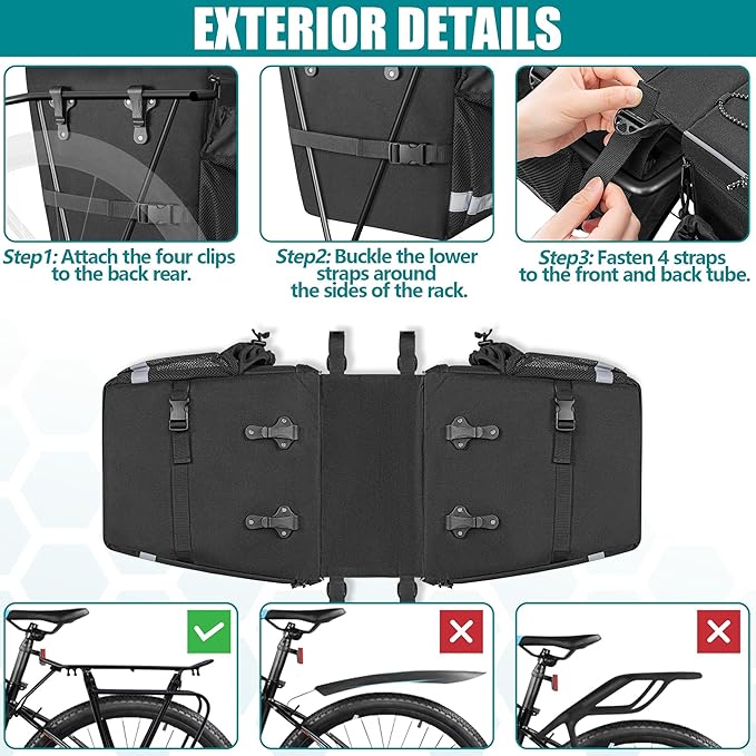 50L Bike Panniers with a Rain Cover, Bike Saddle Bag with Expandable Compartment and Multiple Pockets, Black