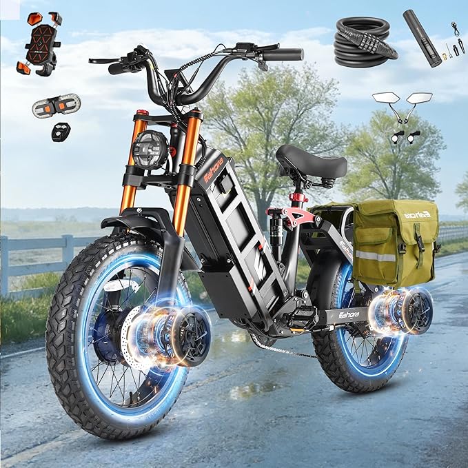 eAhora 2026 Latest Juliet Pro 2 5400W Dual Motor Electric Bike for Adults 43MPH 60V 70Ah 220+Miles Long Range Electric Bicycle 20" Fat Tire Full Suspension Mountain E-Bike All Terrain APP Control