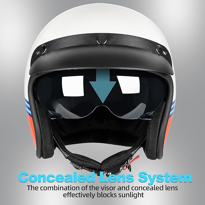 3/4 Open Face Retro Motorcycle Helmet Vintage Helmet for Motorbike Casco, Moped, Cruiser, Bobber, and Chopper - DOT Approved（Red and Blue Stripes,L）