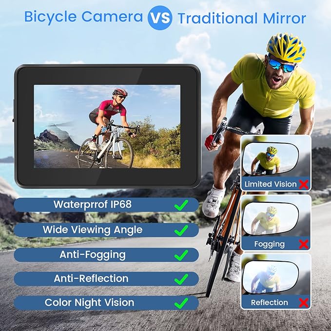 blueear Bike Bicycle Mirror,1080P Bicycle Rear View camera with 4.3" Screen,130° Wide Angle Color Night Vision Bikes Camera 360° Adjustable,Bike Accessories For Bicycle, Mountain, Road Bike