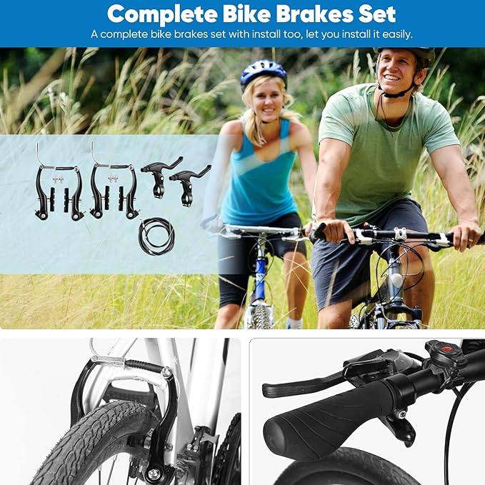 V-Type Bike Brake Set, Complete Universal Bike Front and Rear MTB Brake, Bicycle Brakes, Inner and Outer Cables, Include Brakes Lever Calipers Multi-Tool Wrenches