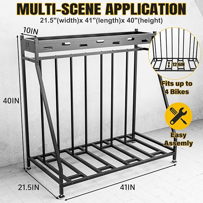 4 Bike Stand Steady Bike Rack Garage with Baskets Storage Indoor Bike Storage Rack Metal Floor Bicycle Station for Parking Suitable for Mountain, Hybrid, Adult and Kids Bikes
