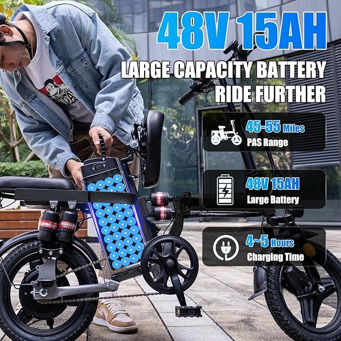AZHAR Foldable Electric Bike for Adults Teens, 1200W Peak Motor, Up to 25 MPH, 45 Miles PAS Range, Dual Suspension, 14” Tires, 3-Speed Modes, Compact & Portable Electric Mini Bike, Commuting Ebike