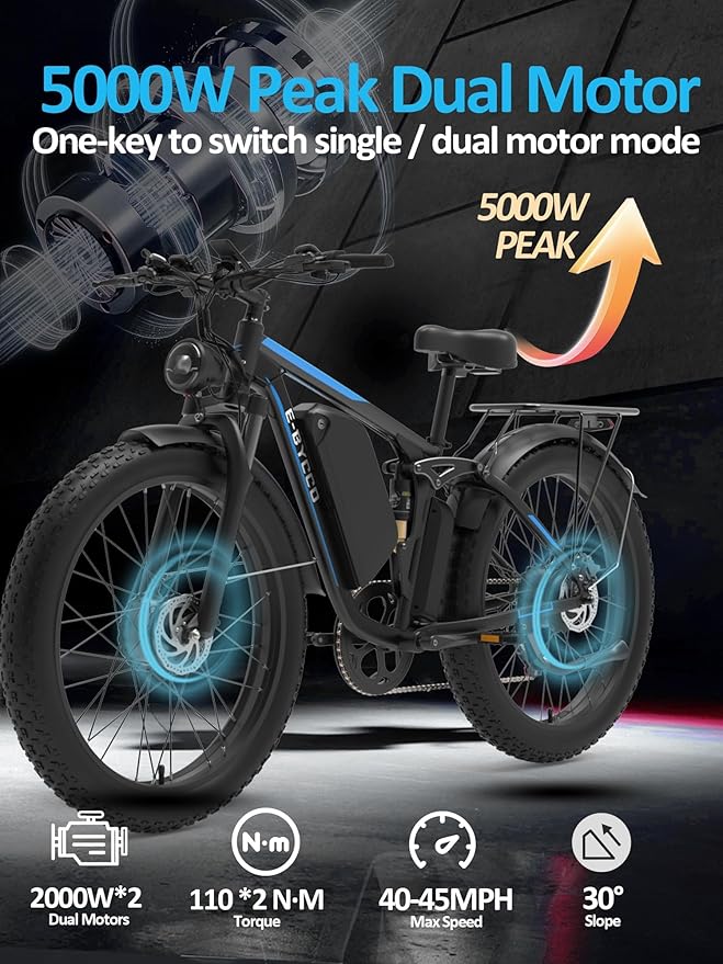 6000W Electric Bike for Adults, 52V 32AH Dual Motor E-Bike, Up to 100Mile & 45MPH All-Terrain Fat Tires Full Suspension 24/26 Inch Electric Bicycles Hydraulic Disc Brake for Road UL2849 by SGS