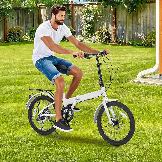 20 Inch Folding Bike 7 Speed Foldable Bicycle with Dual Disc Brakes Front Rear Fenders Adjustable Seat and Handlebar 176Lbs Capacity, Commuting City Bicycle