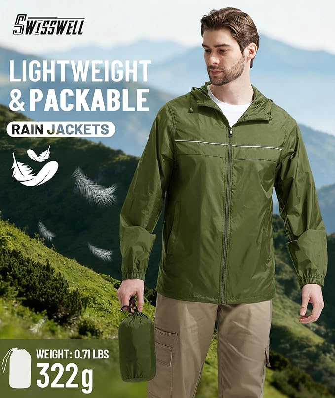 SWISSWELL Mens Rain Jacket & Coats Packable Lightweight Waterproof Windbreaker Hooded for Golf Cycling Hiking
