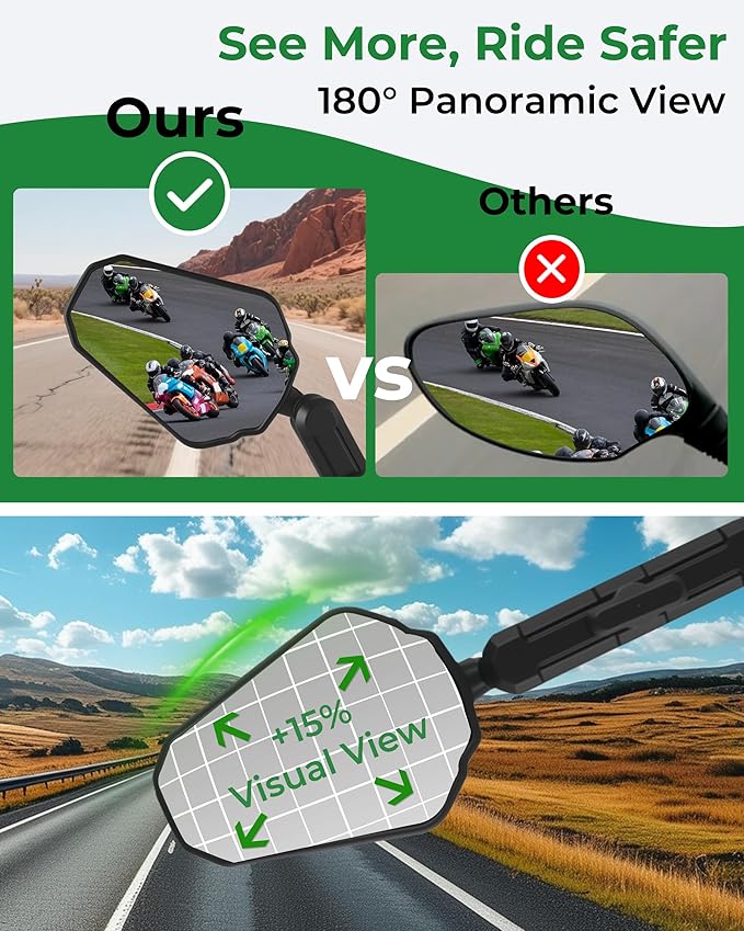 Adventure Motorcycle Mirrors, VOUTRAK Universal Convex Rear View Mirror, M8 M10 Bolt & 7/8" Handlebar Mount, Foldable, Ball Joint, 360° Adjustable, Anti-Vibration for Dirt Bike, ATV, Scooter, Ebike