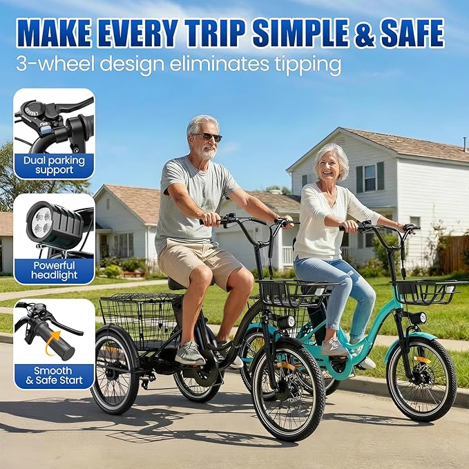 Electric Tricycle for Adults, Peak 1200W Electric Trike, Foldable Electric Bike with 468Wh/720Wh/960Wh Removable Battery, Step-Thru 3 Wheel Electric Bikes for Women Men, 20 Tire