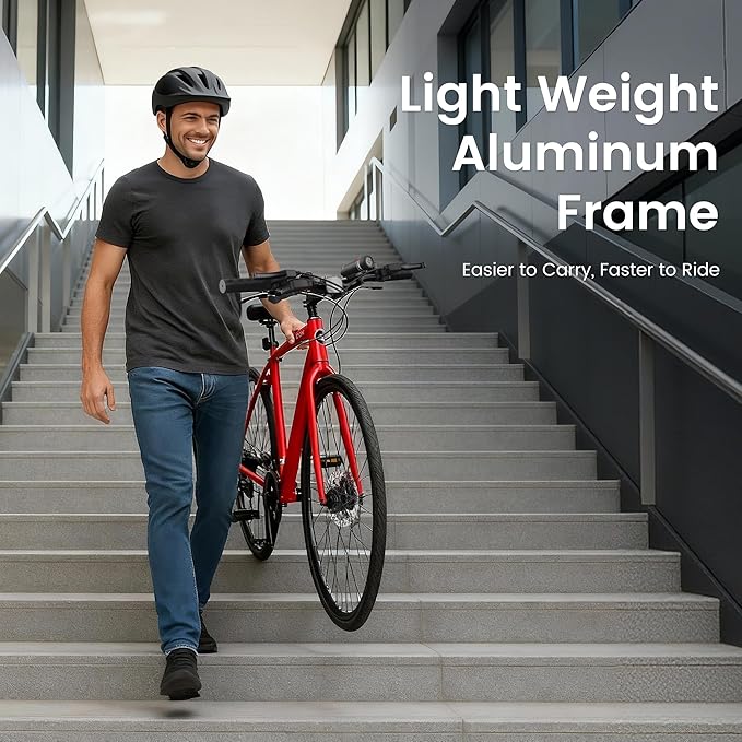 MOPHOTO Hybrid Bike for Adults, 700C City Commuter Bicycle, Lightweight Aluminum Frame, 8-Speed Urban Fitness Bike for Men&Women, Dual Disc Brakes, Upright Flat Handlebar, LED Headlight & Reflectors