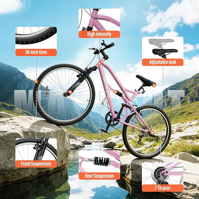 26 inch 7-Speed Commuter Bicycle,Hybrid Bicycle,Men's Cruiser Bike/Mountain Bike V Brake,Metal Frame, Adult Bike (Black, White, Blue, Green, Purple, Pink)