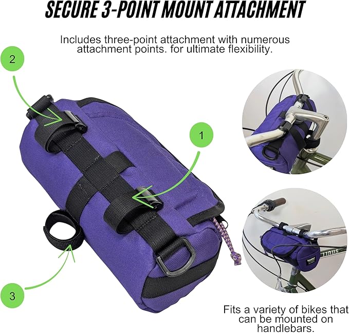 Handlebar Bag (Charcoal & Blue Burrito) | 2 Liter Capacity | Spacious Bike Bag w/ 2 Extra Long Buckle Straps & 1 Hook-and-Loop Strap | Water Resistant Front Basket | Bike Accessories | Made in USA