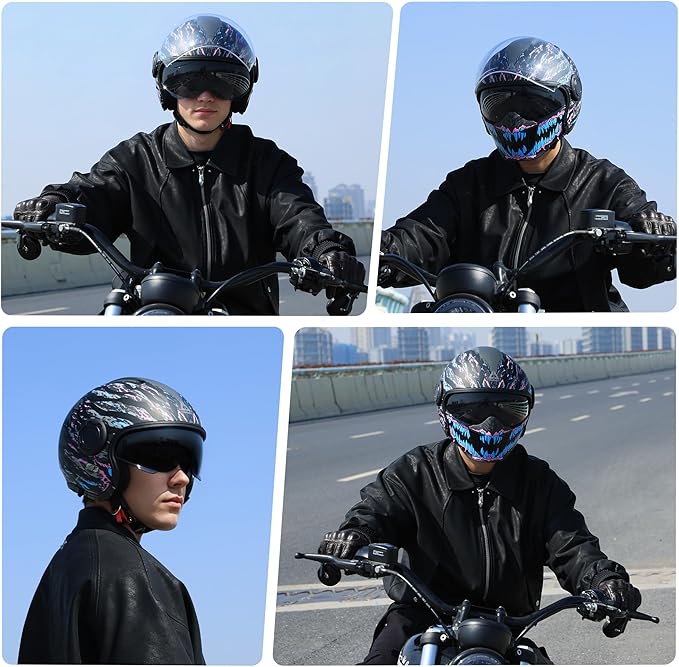 TRIANGLE Full Face Motorcycle Helmets,Off-Road Motocross Helmet for Men & Women,Dual Visor with Internal Tinted Sunshield,Open Face 3/4 Adult Racing Helmet DOT Approved(XL)