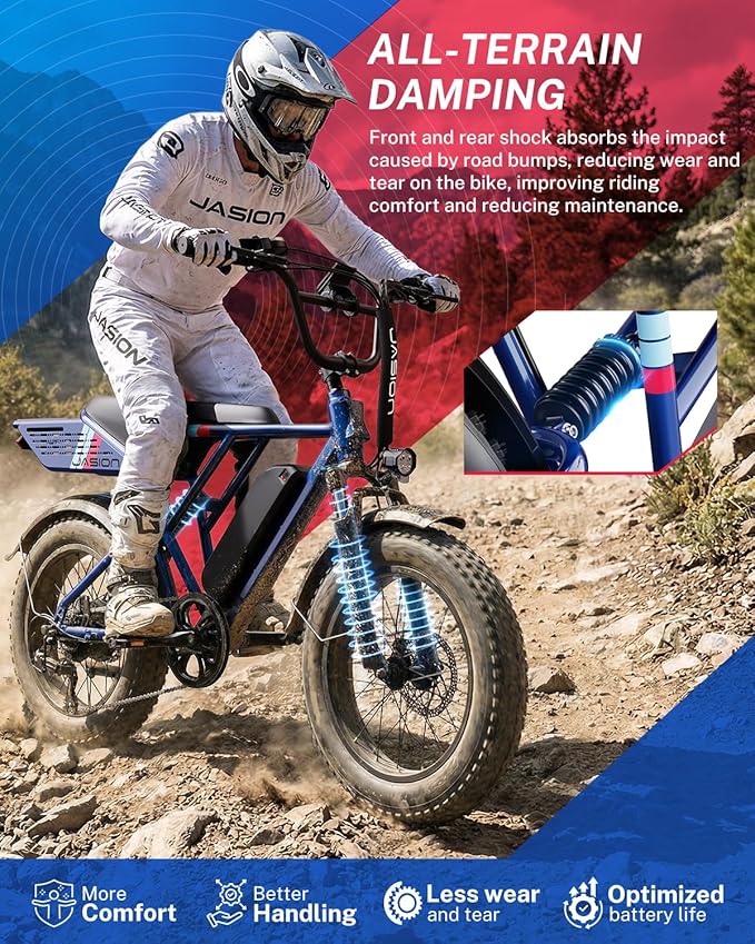 Jasion RetroVolt Electric Bike for Adults, 2000W/3000W Peak - 30/38MPH Electric Dirt Bike, 48V-52V, 13AH/20AH Battery, 70/90Miles Max Range Electric Motorcycle, 20'' X 4'' Fat Tire All-Terrain E-Bike