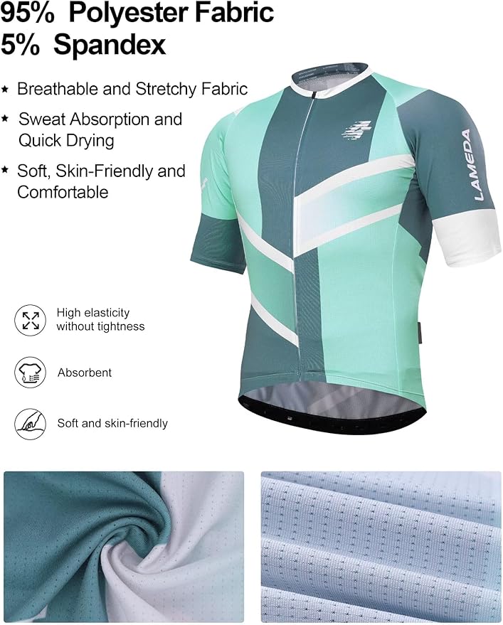 LAMEDA Men's Cycling Jersey Breathable Lightweight Short Sleeve Elastic Pro Road Bike Shirt Full Zip