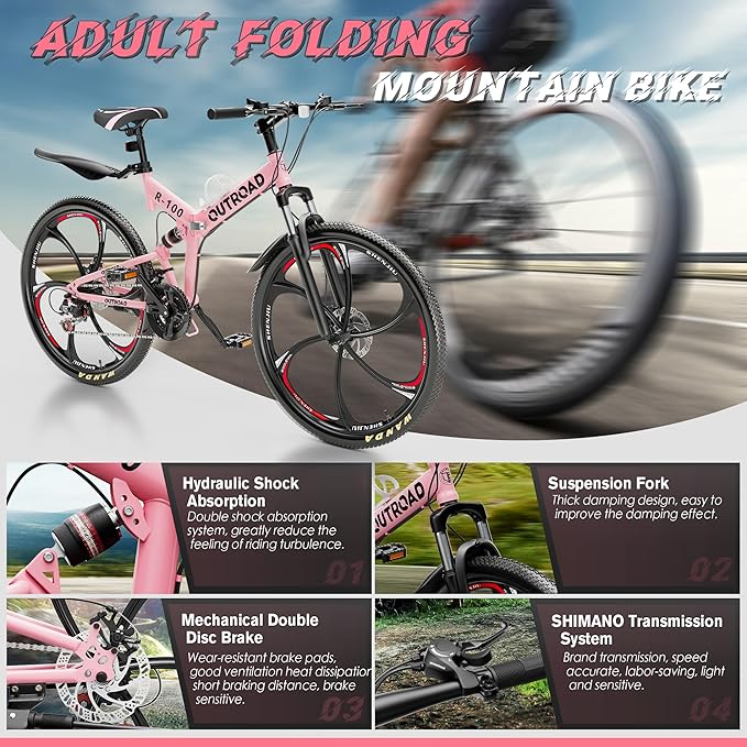 26" Foldable MTB – 21-Speed Full Suspension, High-Carbon Steel Frame, Dual Disc Brakes & Quick-Release Tires – Adults & Teens (Multiple Colors)