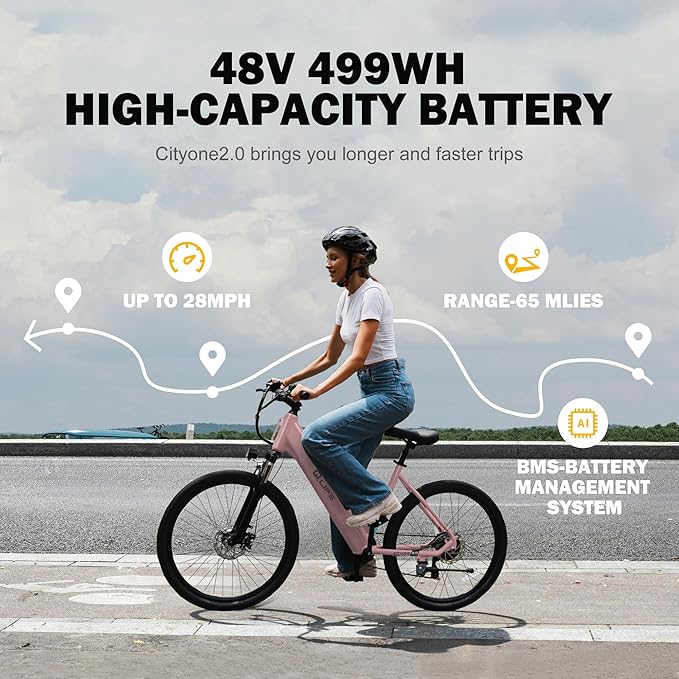 Qlife Cityone 2.0 Electric Bike for Adults,Up to 65Miles,28MPH,1200W Peak Motor 26" Ebike,499WH Certified Battery Electric Commuter Bicycle with Front Suspension & 7-Speed Ebikes