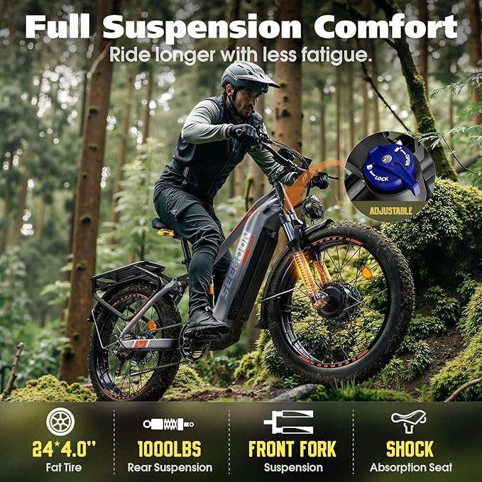 Seemoon 6000W Electric Bike for Adults,45 MPH up to 120Mile Dual Motor Ebike,60V 30Ah Battery,24" Fat Tire Electric Bicycle with Throttle Lock for Hunting Off-Road Commuter,Full Suspension E-bike