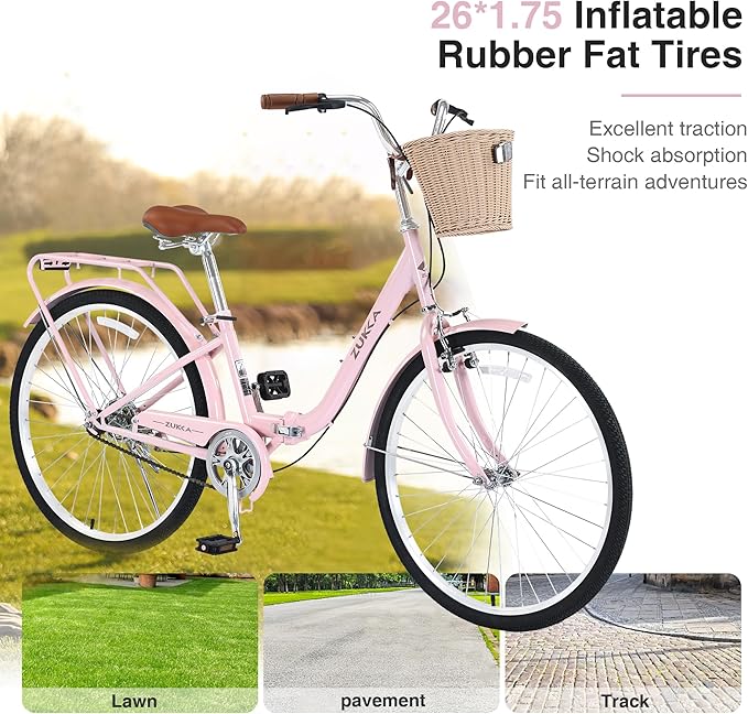 24/26 Inch Folding Girls/Womens Cruiser Bike，1-Speed Foldable Hybrid City Bicycle with Dual Brakes,Basket & Rear Rack，Adjustable Seat Post&Handlebar，3 Colors
