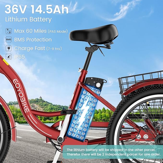 Electric Tricycle for Adults Seniors, 24/26 Inch 3 Wheel E-Trike, 350W Motor (700W Peak), Removable 36V Battery, Up to 15.5MPH, 25-60Mile Range, Low Step-Through, Rear Basket, 350lbs Capacity, 7 Speed