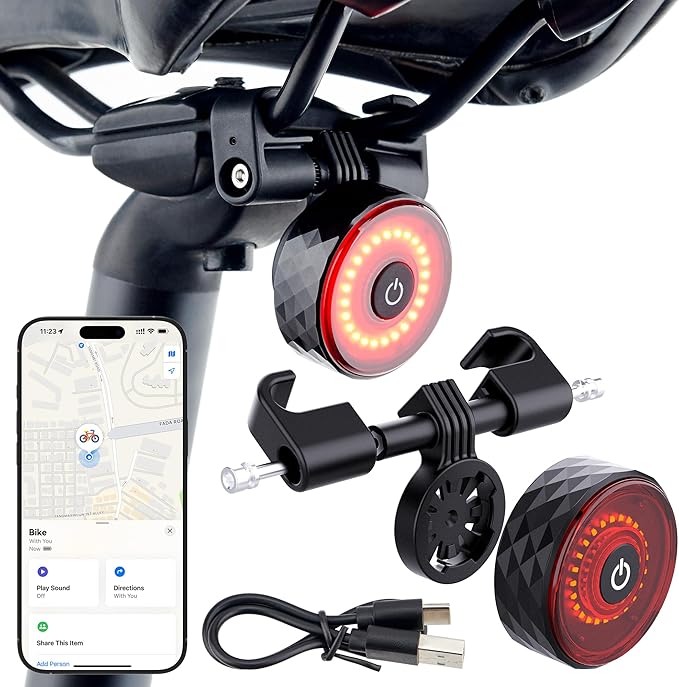 Bike Tail Light with Tracker, GPS Tracker(Work with Apple Find My,iOS Only),Type C USB Rechargeable 5 Light Modes, IPX6 Waterproof,Bicycle Taillight Road Mountain Night Riding Cycling Safety Flash