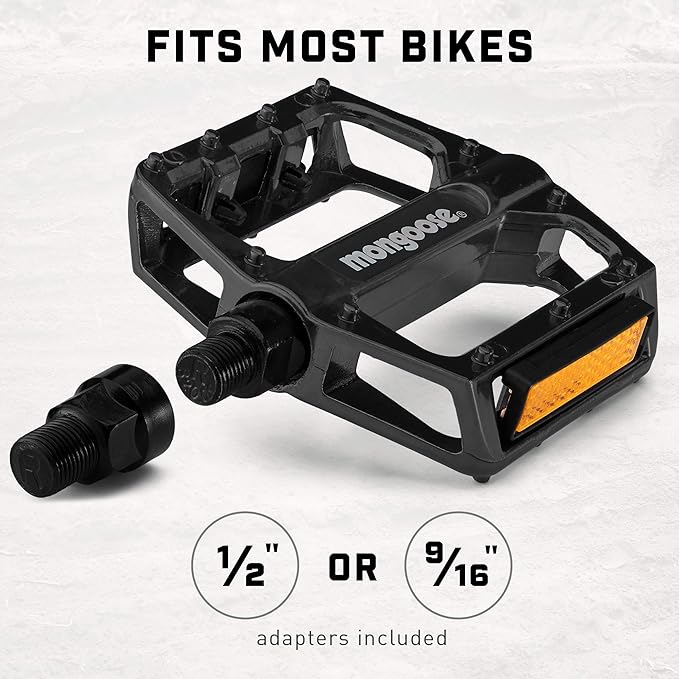 Mongoose Mountain Bike Pedals, Black or Blue, Set of 2, Lightweight and Durable Alloy Stands Up to Tough Riding, with Reflectors, Fits 1/2" or 9/16" Cranks, Easy Installation, Replacement Bike Pedals