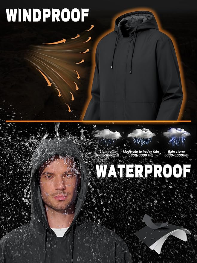 Men's Rain Jacket Waterproof Windbreaker Raincoat Cycling Running Hiking Golf Travel Gear Hood Lightweight Packable