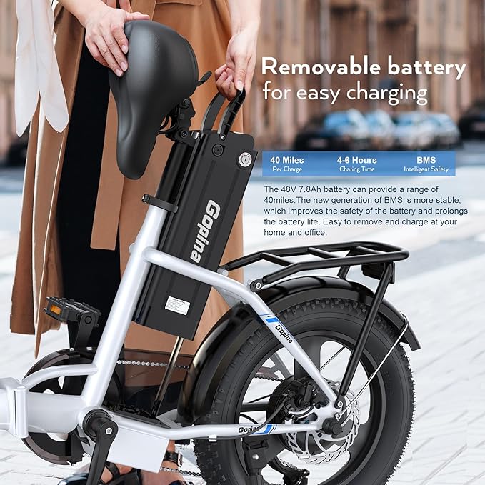 Vivi Gopina Electric Bike, 16" x 3.0 Fat Tire Electric Bike, Peak 500W Step Thru Electric Bicycle, 48V Removable Battery, Up to 40 Miles, LCD Display, 20mph, 7 Speed, SGS Certified to UL2849